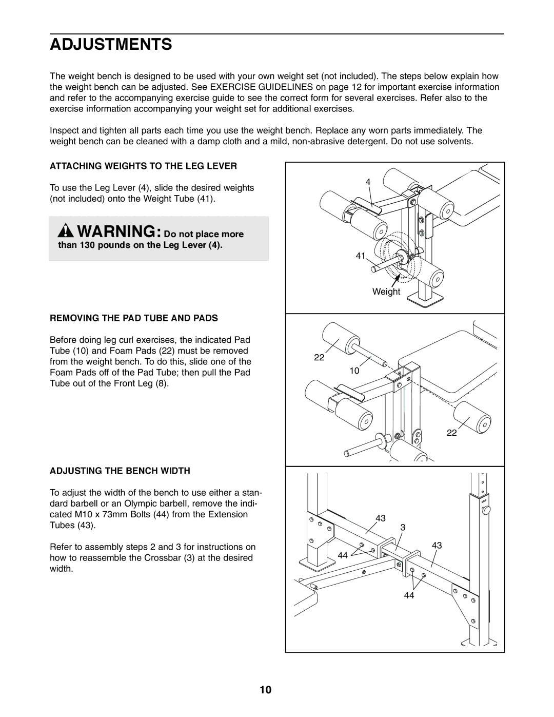 Weider 831.150742 user manual Adjustments, Attaching Weights to the LEG Lever, Removing the PAD Tube and Pads 