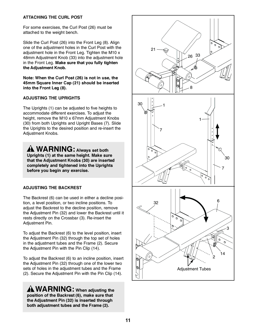 Weider 831.150742 user manual Attaching the Curl Post, Adjusting the Uprights, Adjusting the Backrest 