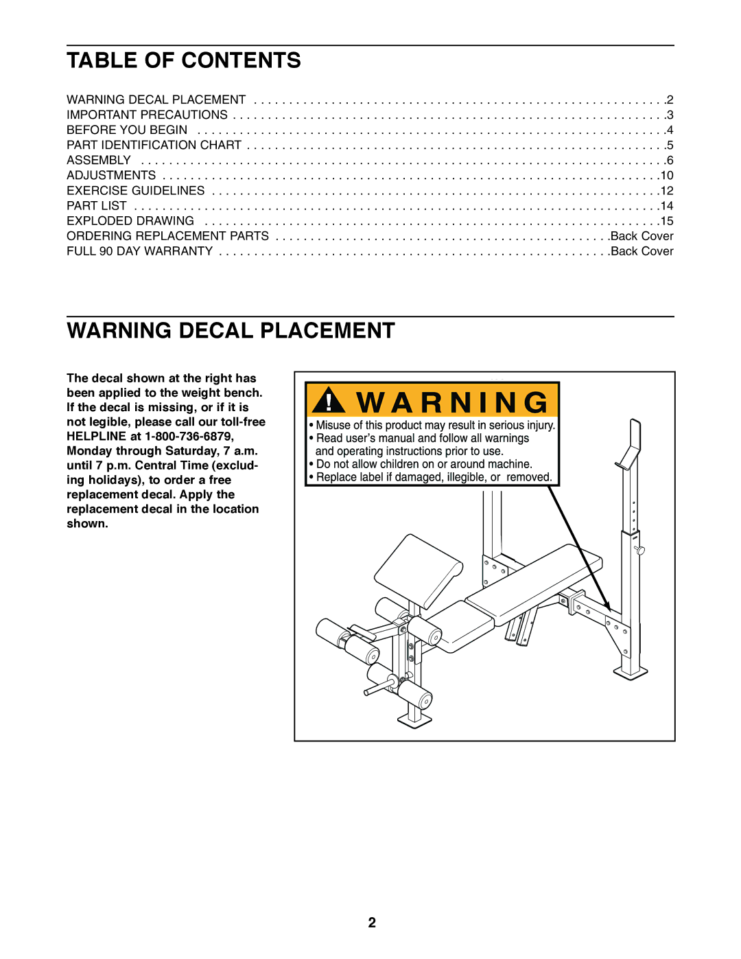 Weider 831.150742 user manual Table of Contents 