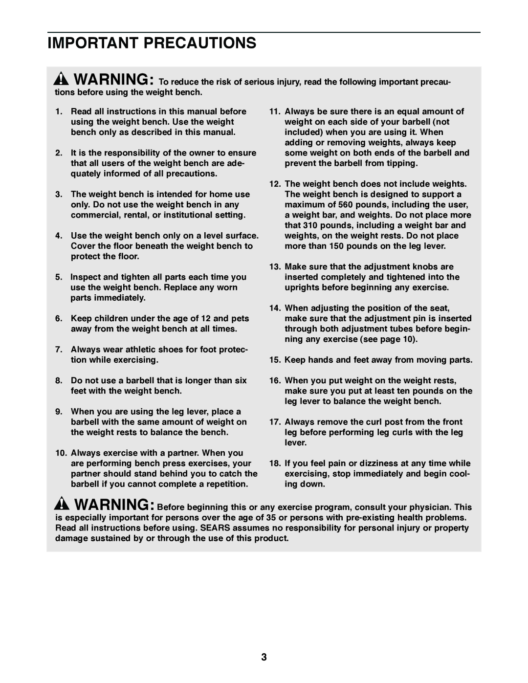 Weider 831.150742 user manual Important Precautions 