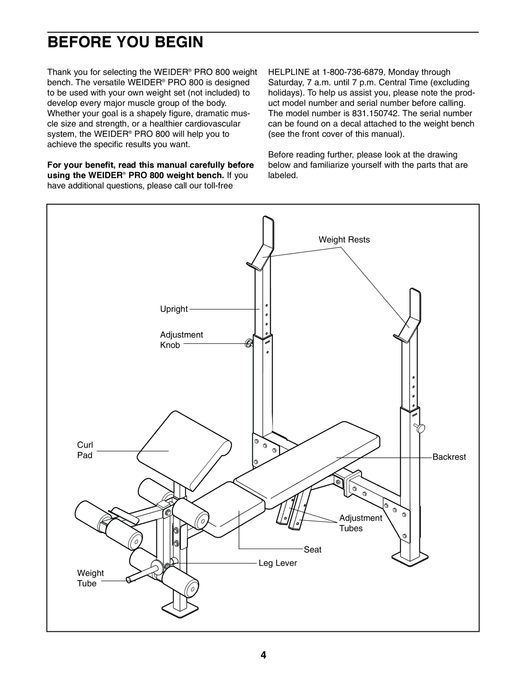 Weider 831.150742 user manual Before YOU Begin 