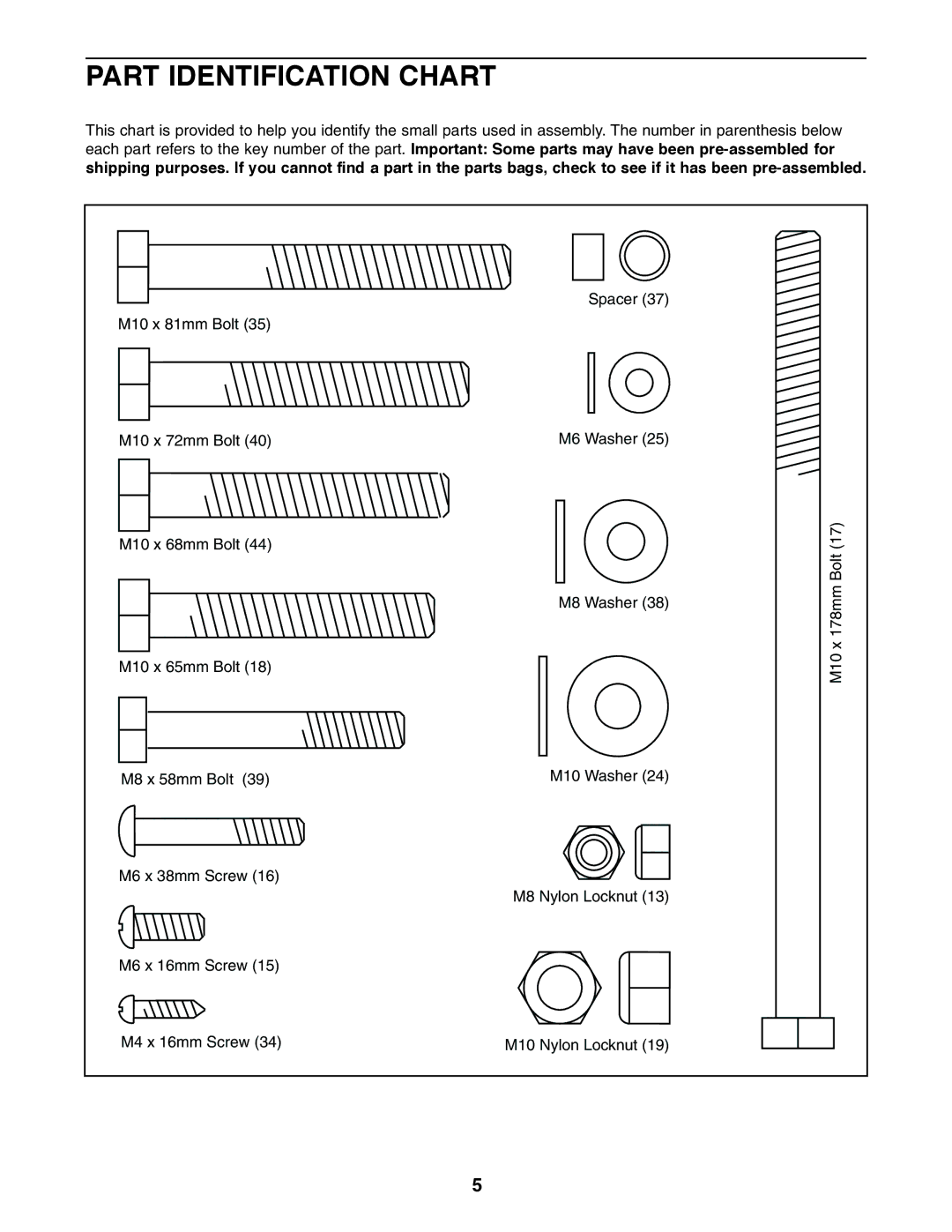 Weider 831.150742 user manual Part Identification Chart 