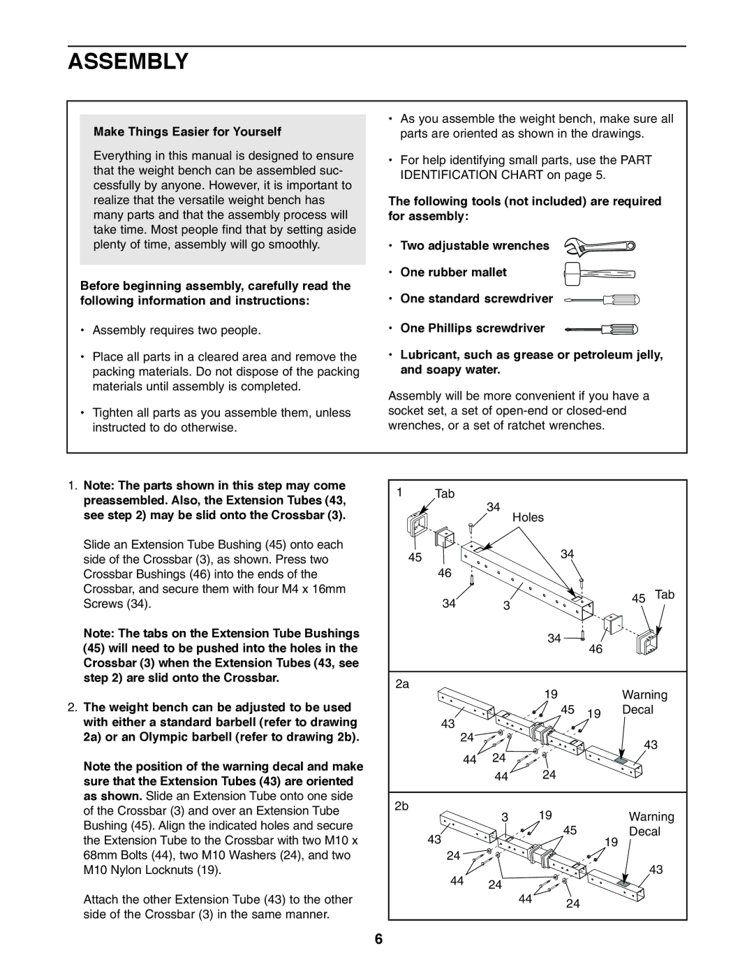 Weider 831.150742 user manual Assembly, Make Things Easier for Yourself 