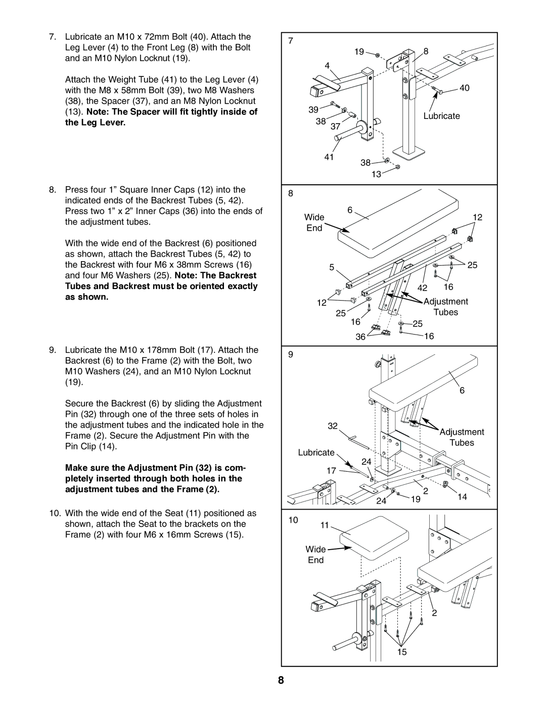 Weider 831.150742 user manual Leg Lever, Tubes and Backrest must be oriented exactly As shown 