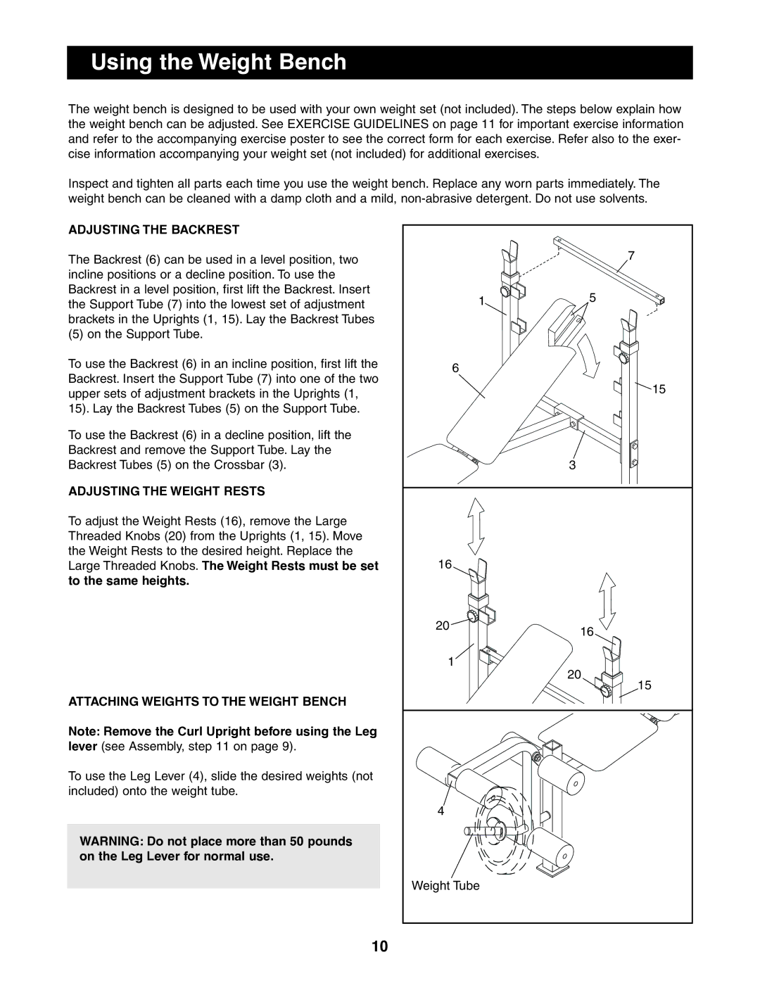 Weider 831.150850 user manual Using the Weight Bench, Adjusting the Backrest, Adjusting the Weight Rests 