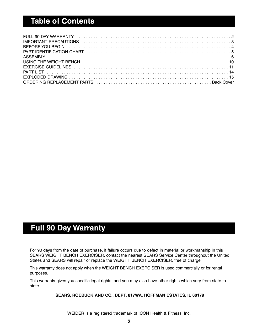 Weider 831.150850 user manual Table of Contents, Full 90 Day Warranty 