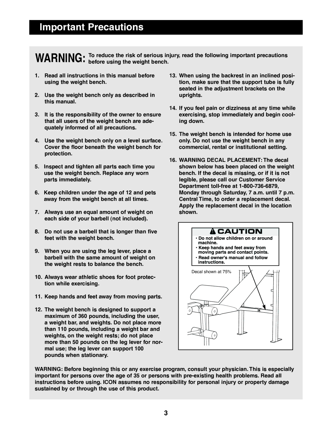 Weider 831.150850 user manual Important Precautions 