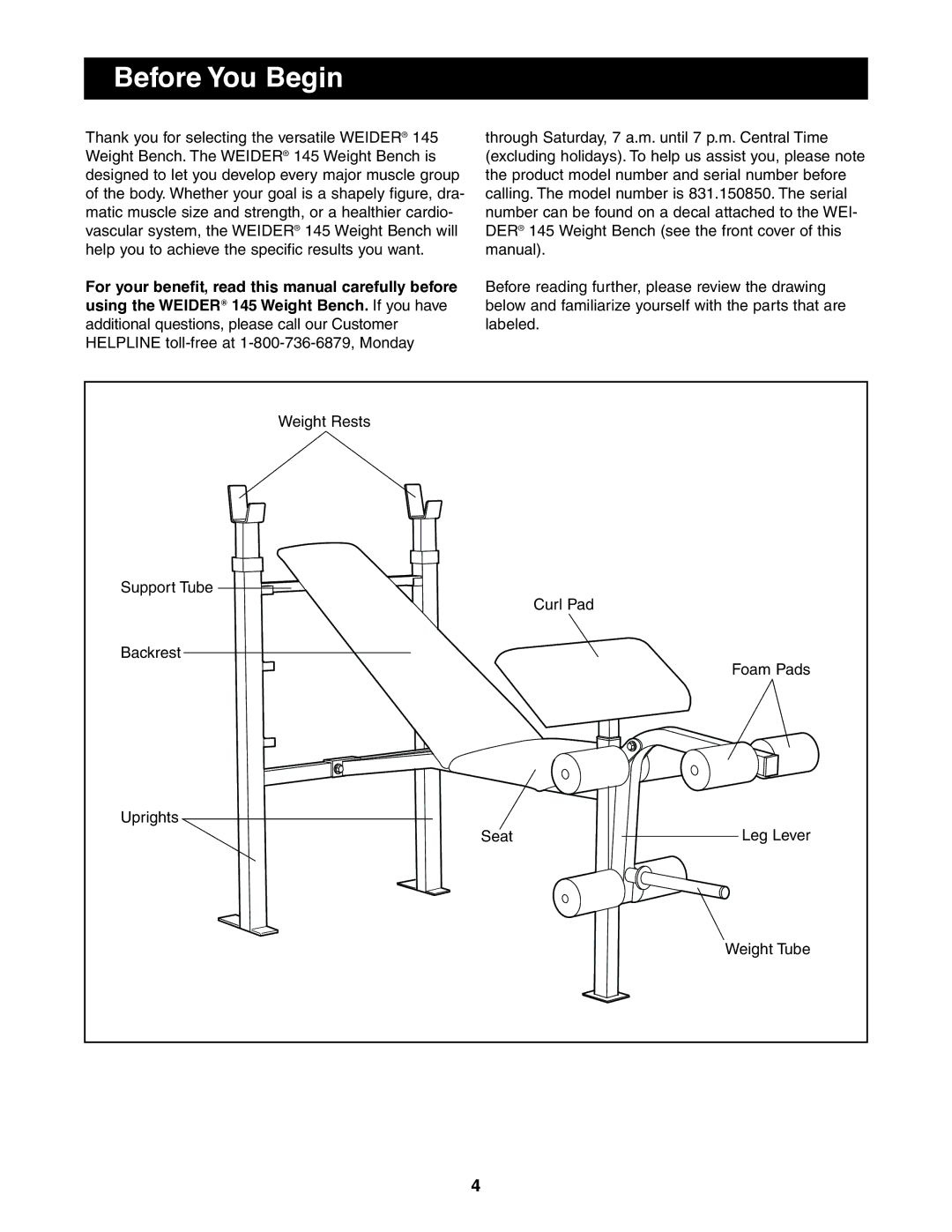 Weider 831.150850 user manual Before You Begin 