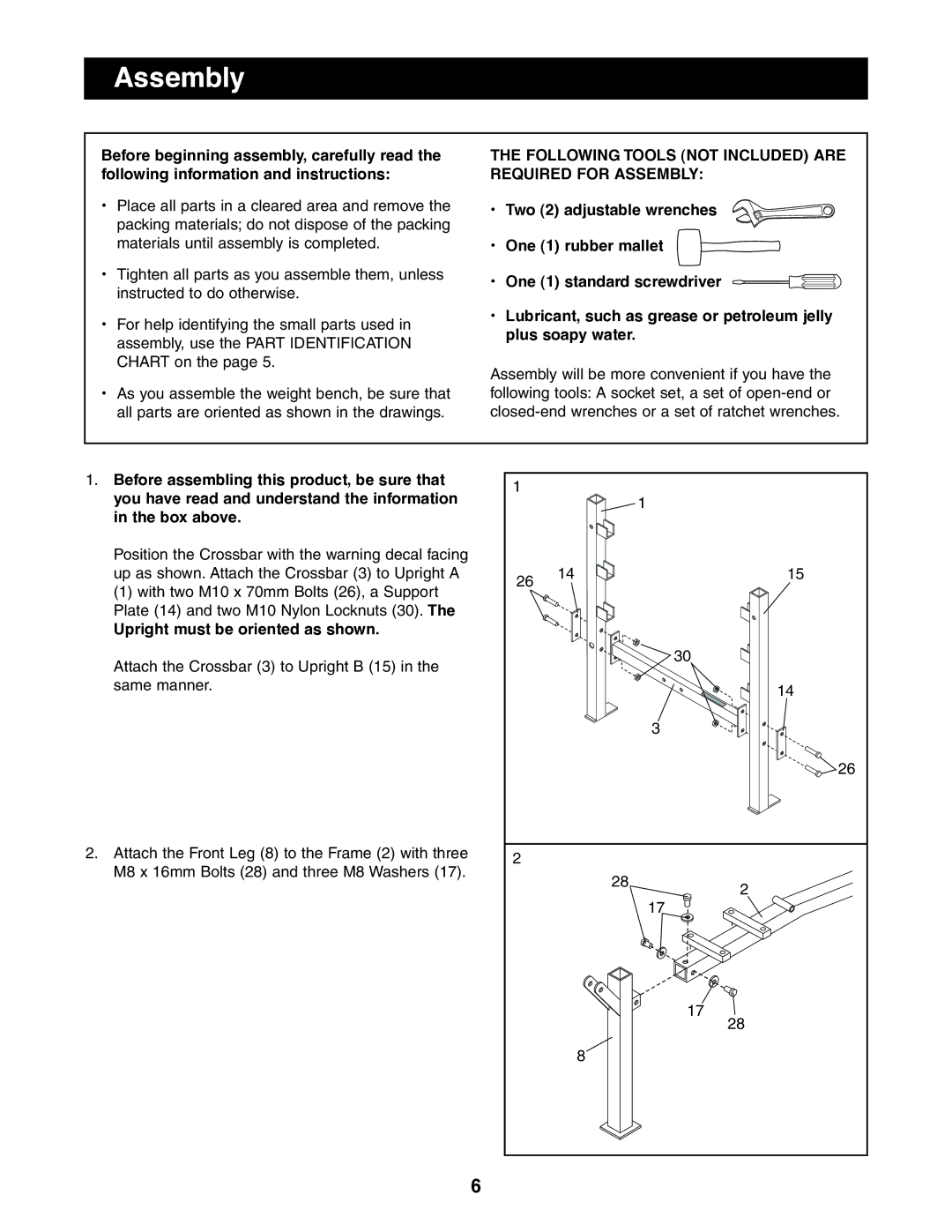 Weider 831.150850 user manual Following Tools not Included are Required for Assembly 