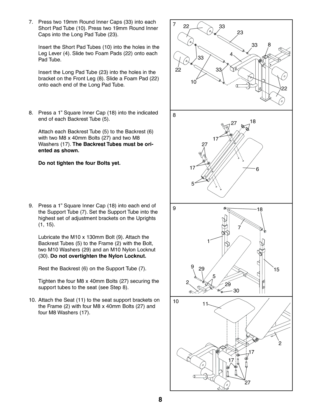 Weider 831.150850 user manual Do not tighten the four Bolts yet 