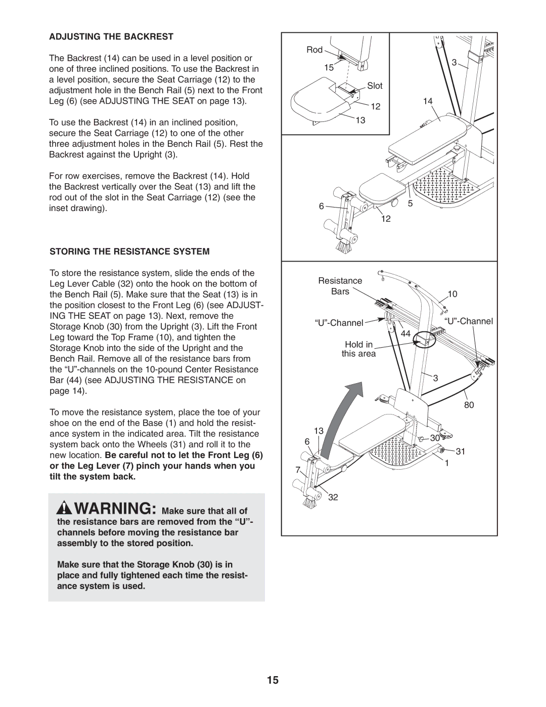 Weider 831.153921 user manual Adjusting the Backrest, Storing the Resistance System 