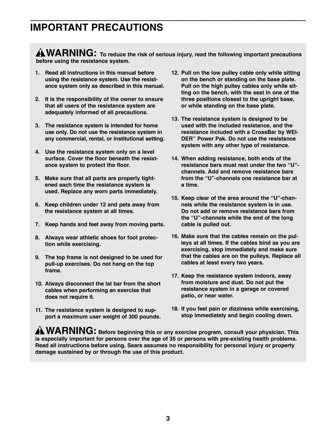 Weider 831.153921 user manual Important Precautions 