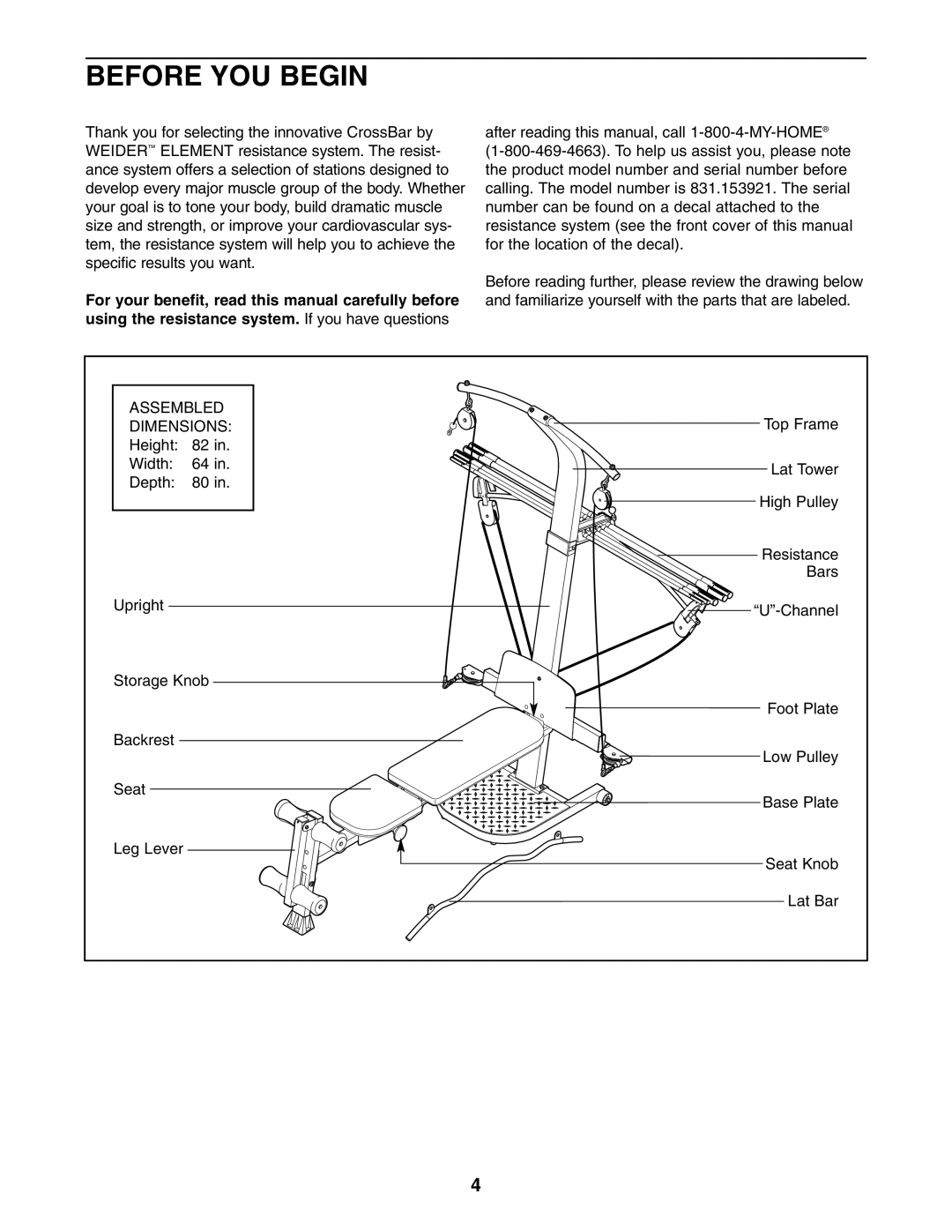 Weider 831.153921 user manual Before YOU Begin, Dimensions 