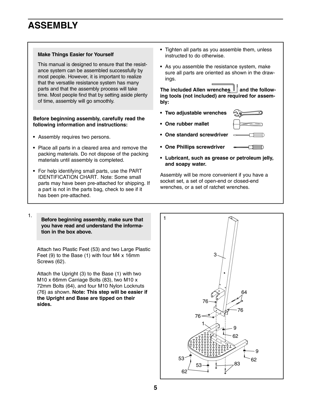 Weider 831.153921 user manual Assembly, Make Things Easier for Yourself 