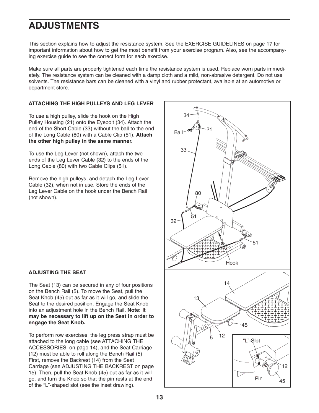 Weider 831.15392.2 user manual Adjustments, Attaching the High Pulleys and LEG Lever, Adjusting the Seat 