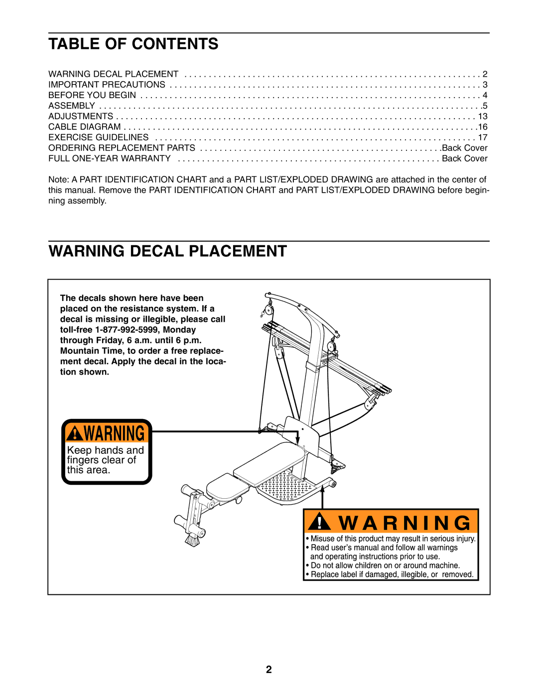 Weider 831.15392.2 user manual Table of Contents 