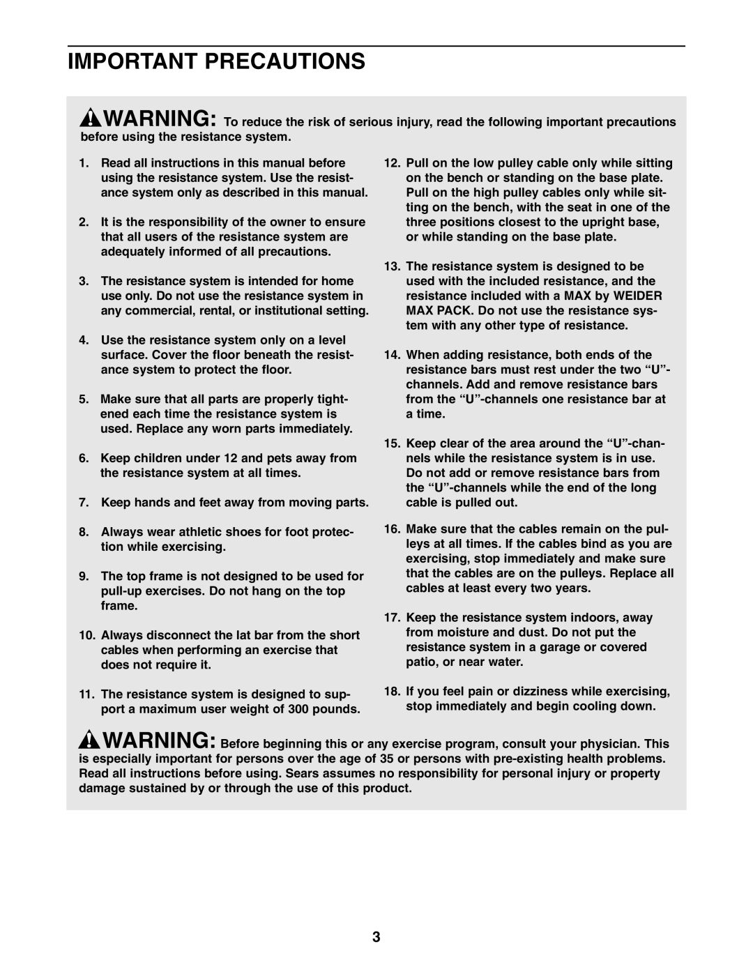 Weider 831.15392.2 user manual Important Precautions 