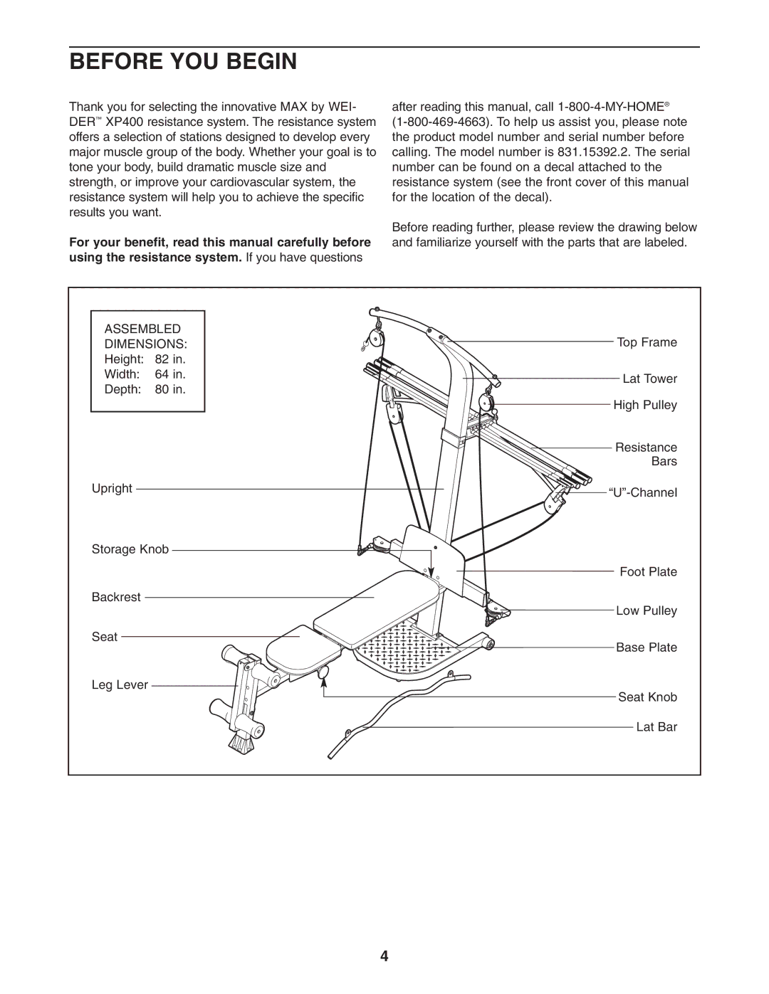 Weider 831.15392.2 user manual Before YOU Begin, Dimensions 