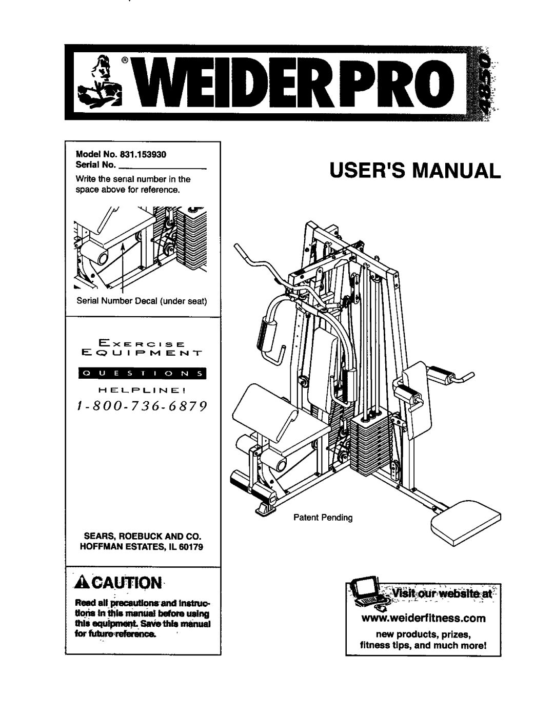 Weider 831.15393 user manual Acaution 