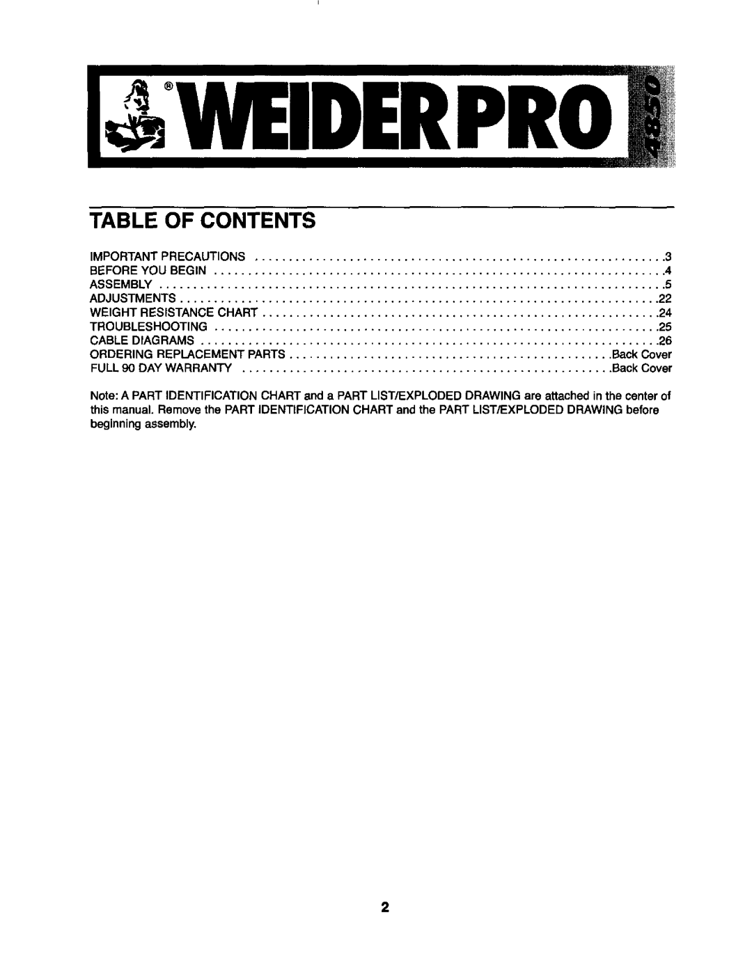 Weider 831.15393 user manual Table of Contents 