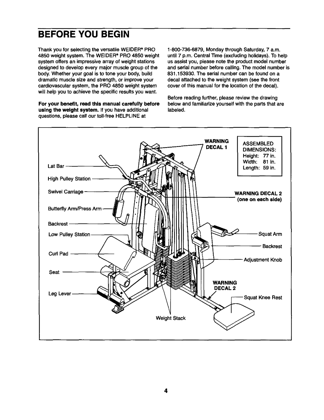 Weider 831.15393 user manual Before YOU Begin, Decal Dimensions 