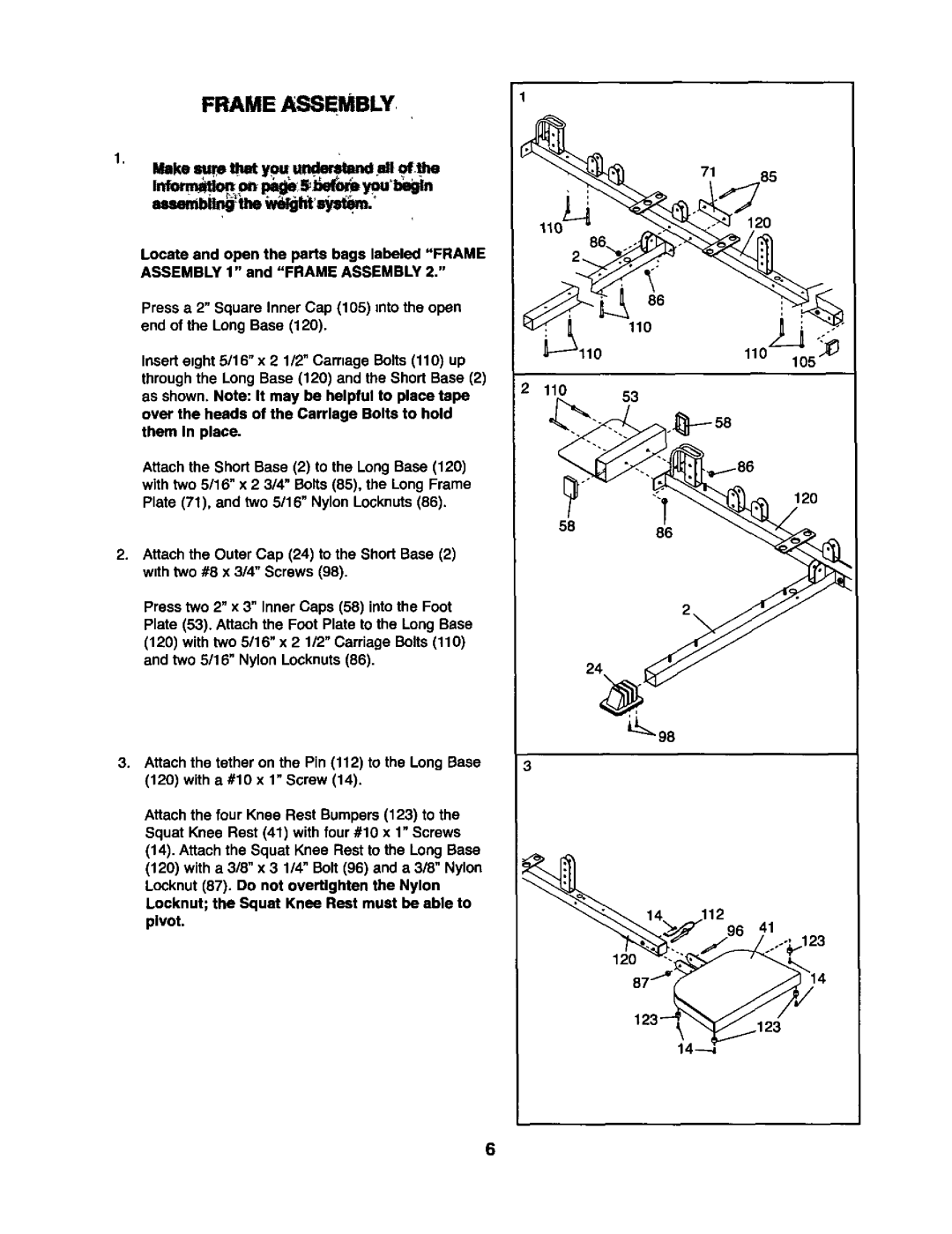 Weider 831.15393 user manual Frame Assembly 