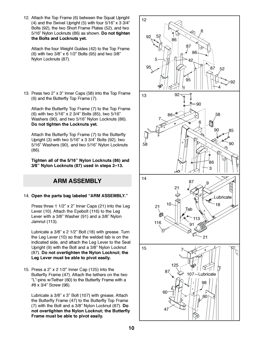 Weider 831.153930f user manual Do not tighten the Locknuts yet, Open the parts bag labeled ARM Assembly 