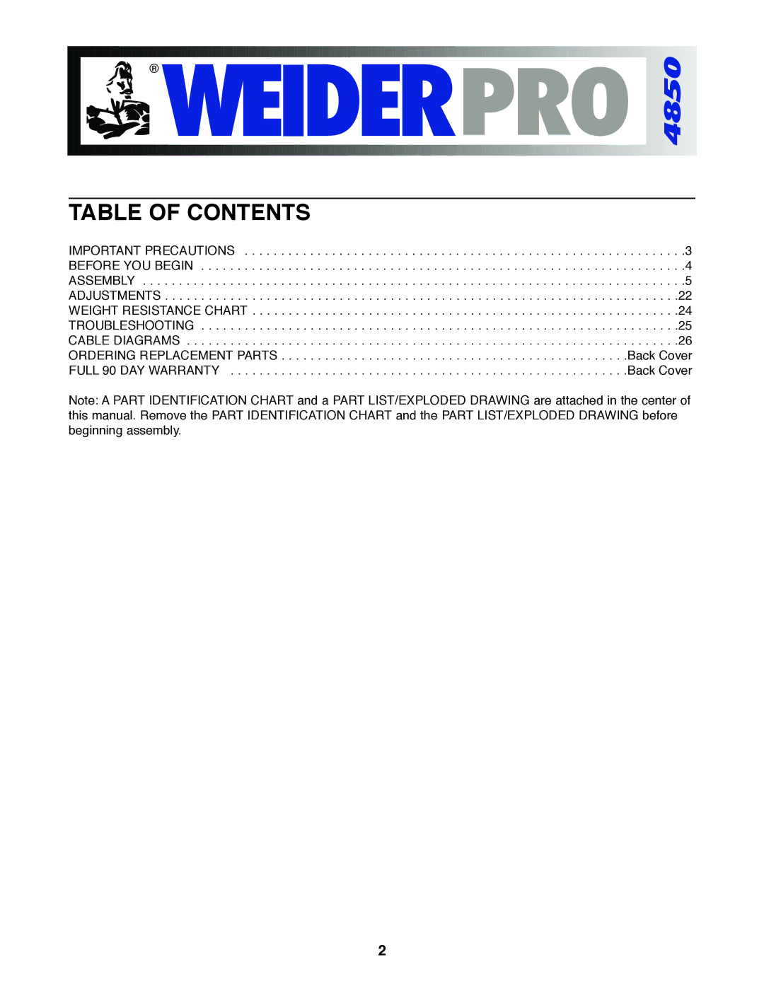 Weider 831.153930f user manual Table of Contents 