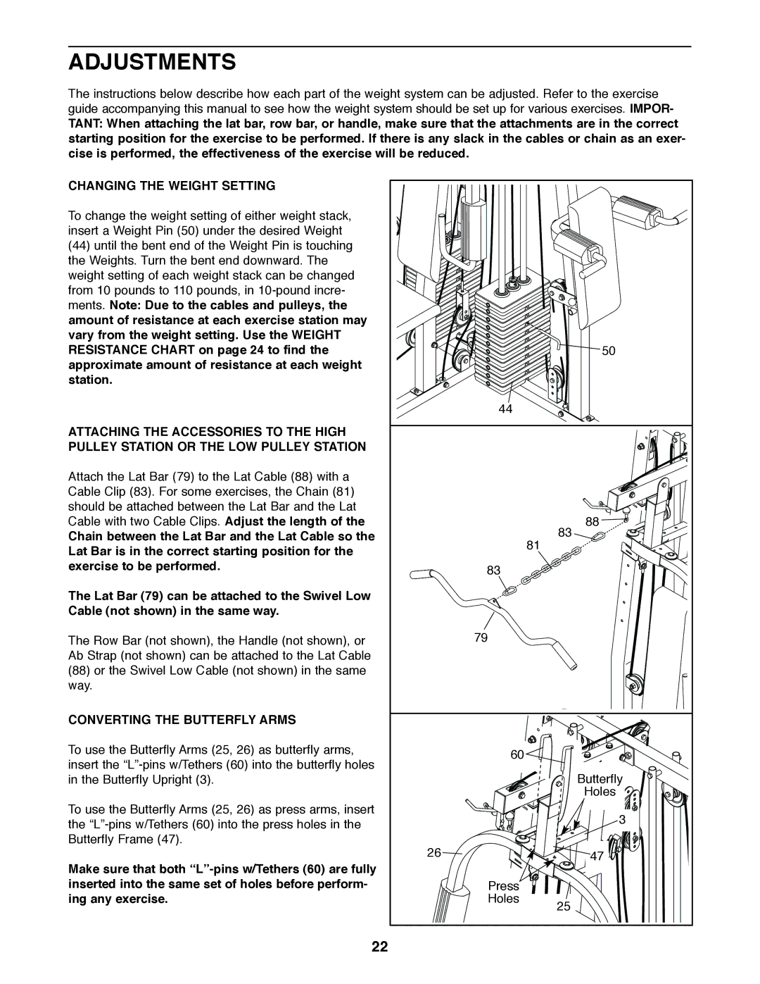 Weider 831.153930f user manual Adjustments, Changing the Weight Setting, Converting the Butterfly Arms, Ing any exercise 