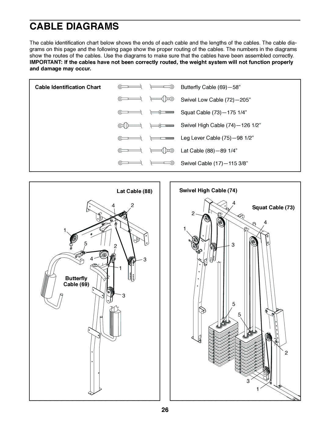 Weider 831.153930f user manual Cable Diagrams, Lat Cable, Butterfly Cable Swivel High Cable Squat Cable 