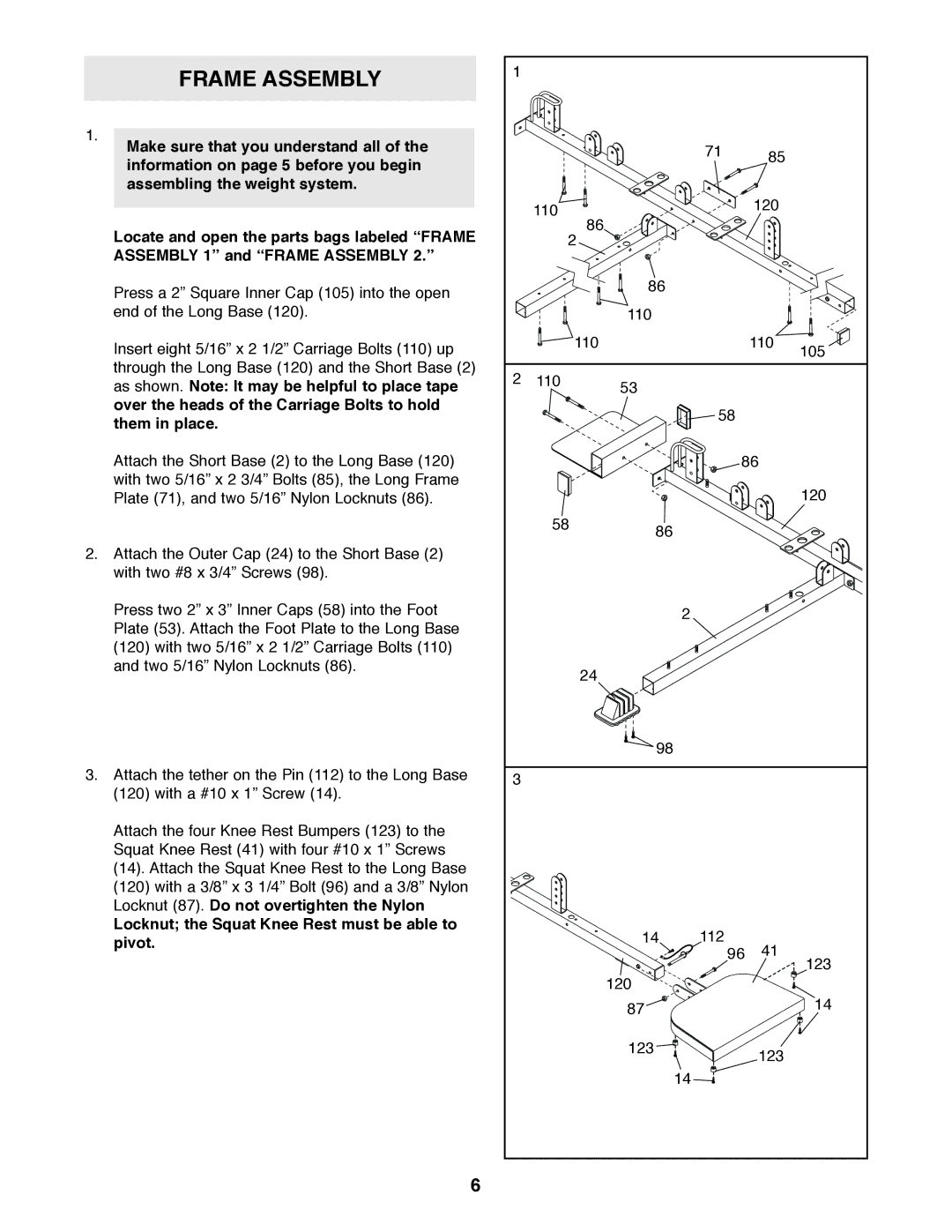 Weider 831.153930f user manual Frame Assembly, Locknut the Squat Knee Rest must be able to pivot 