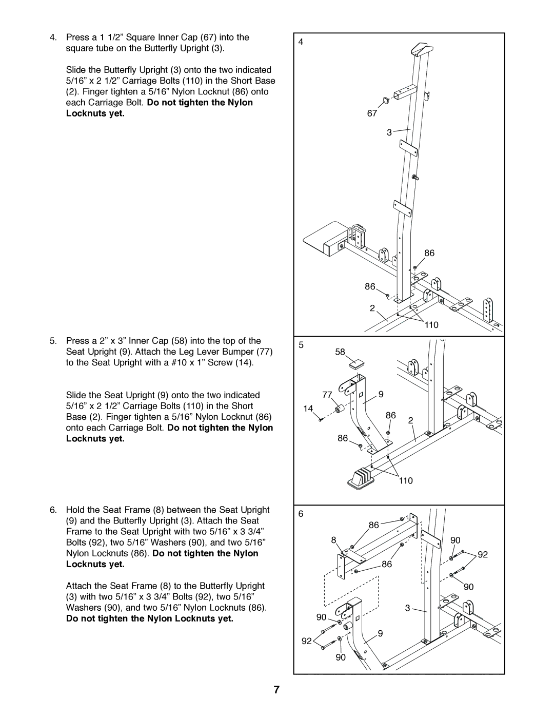 Weider 831.153930f user manual Do not tighten the Nylon Locknuts yet 