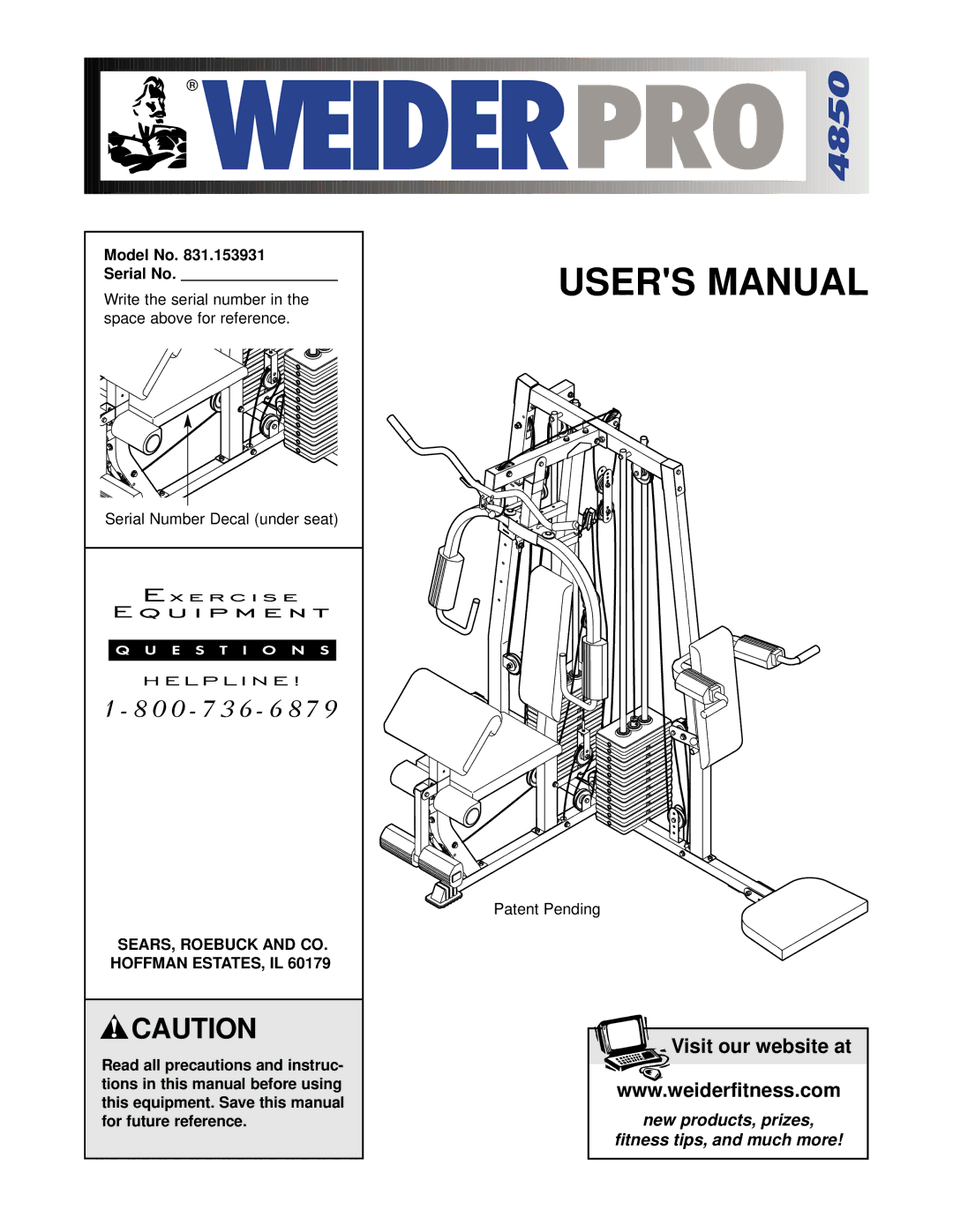 Weider 831.153931 user manual Model No Serial No, Serial Number Decal under seat, Patent Pending 