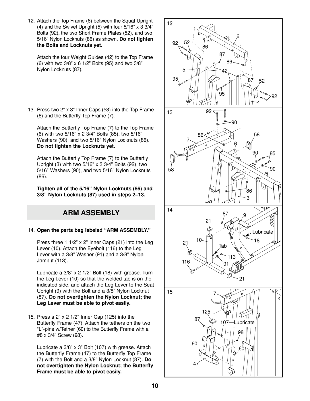 Weider 831.153931 user manual Do not tighten the Locknuts yet 