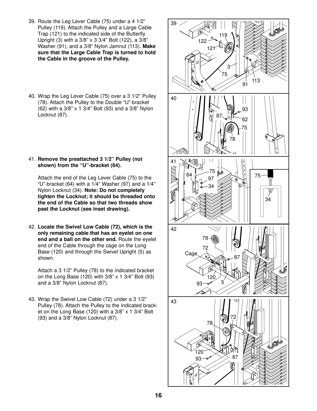 Weider 831.153931 user manual Upright 3 with a 3/8 x 3 3/4 Bolt 122, a 3/8, Washer 91, and a 3/8 Nylon Jamnut 