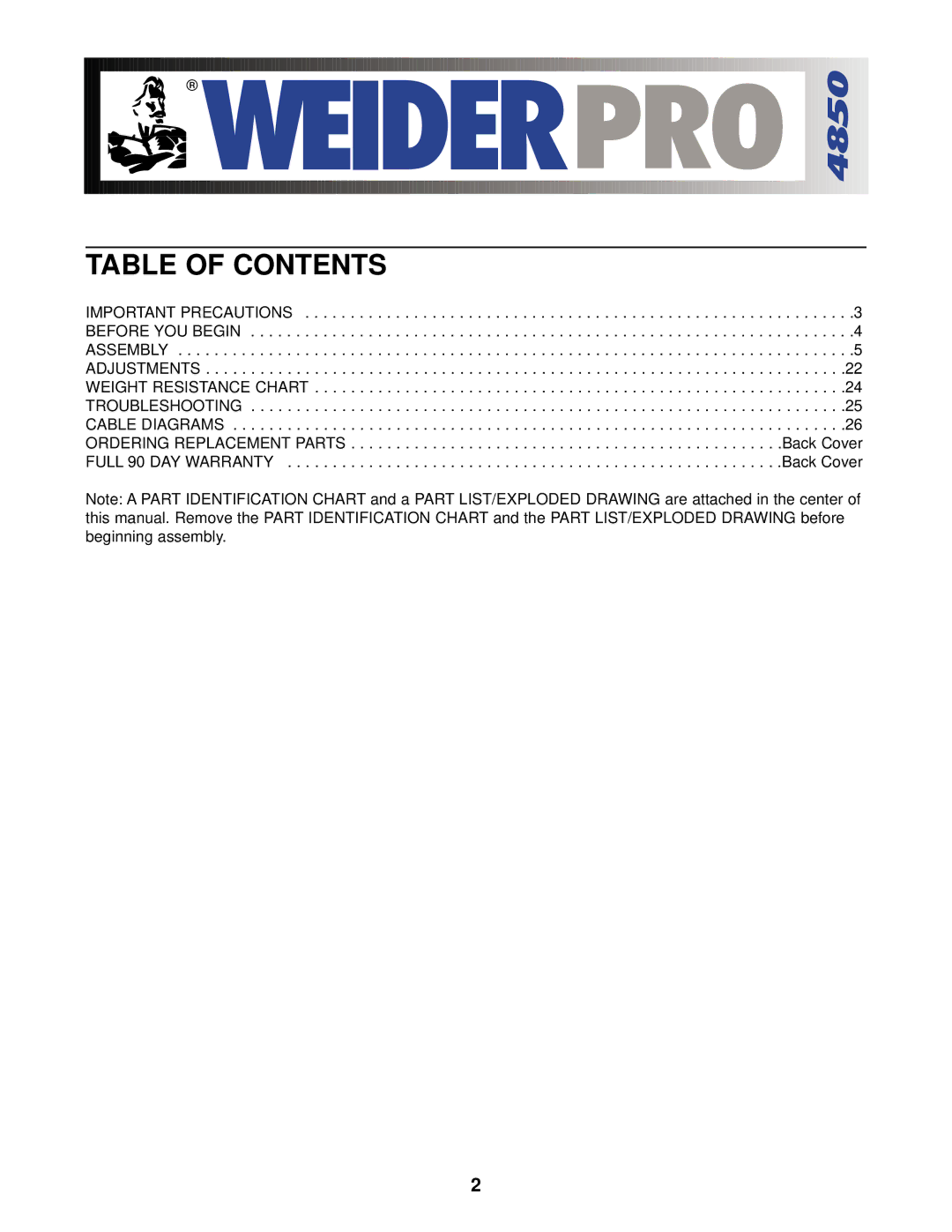 Weider 831.153931 user manual Table of Contents 