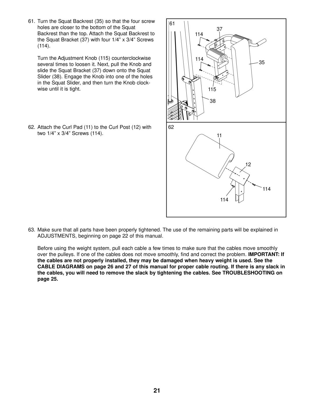 Weider 831.153931 user manual Backrest than the top. Attach the Squat Backrest to 