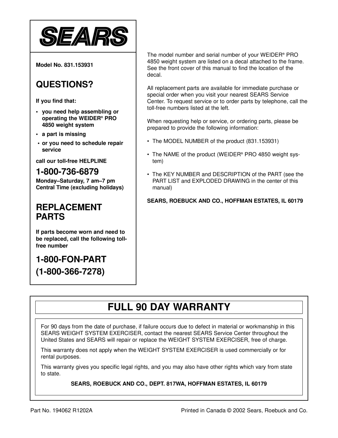 Weider 831.153931 user manual Full 90 DAY Warranty 