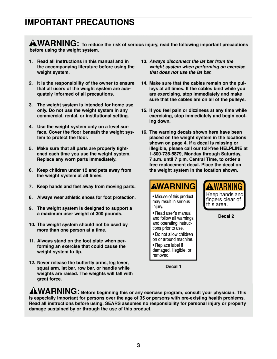 Weider 831.153931 user manual Important Precautions, Sure that the cables are on all of the pulleys, Decal 