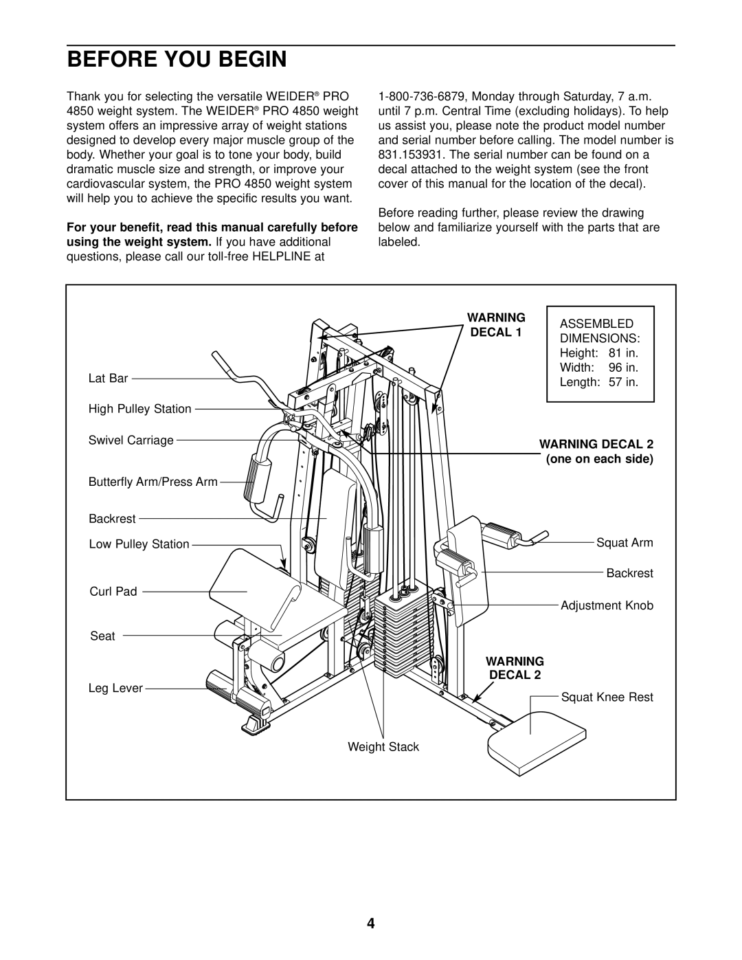 Weider 831.153931 user manual Before YOU Begin, Using the weight system 