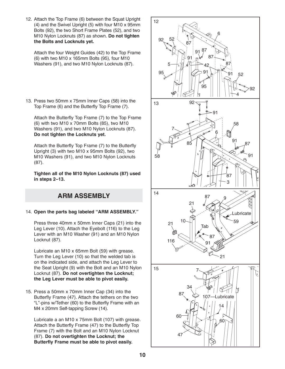 Weider 831.153932 Tighten all of the M10 Nylon Locknuts 87 used in steps, Open the parts bag labeled ARM Assembly 