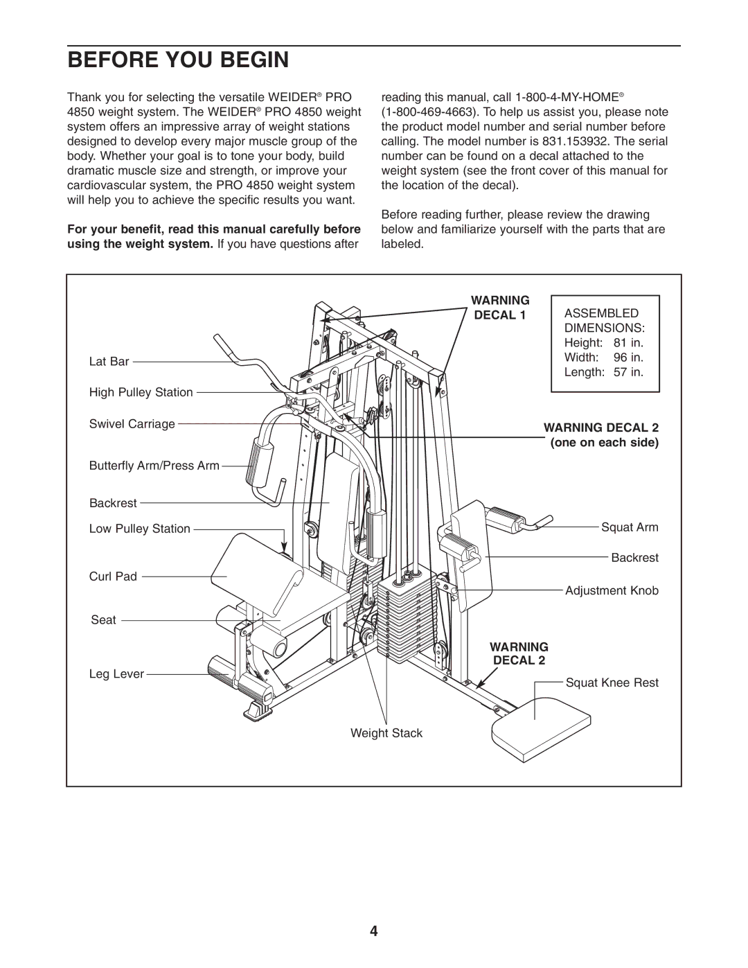 Weider 831.153932 user manual Before YOU Begin, Decal, One on each side 