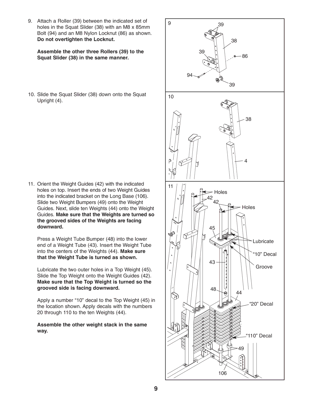 Weider 831.153932 user manual Assemble the other weight stack in the same way 