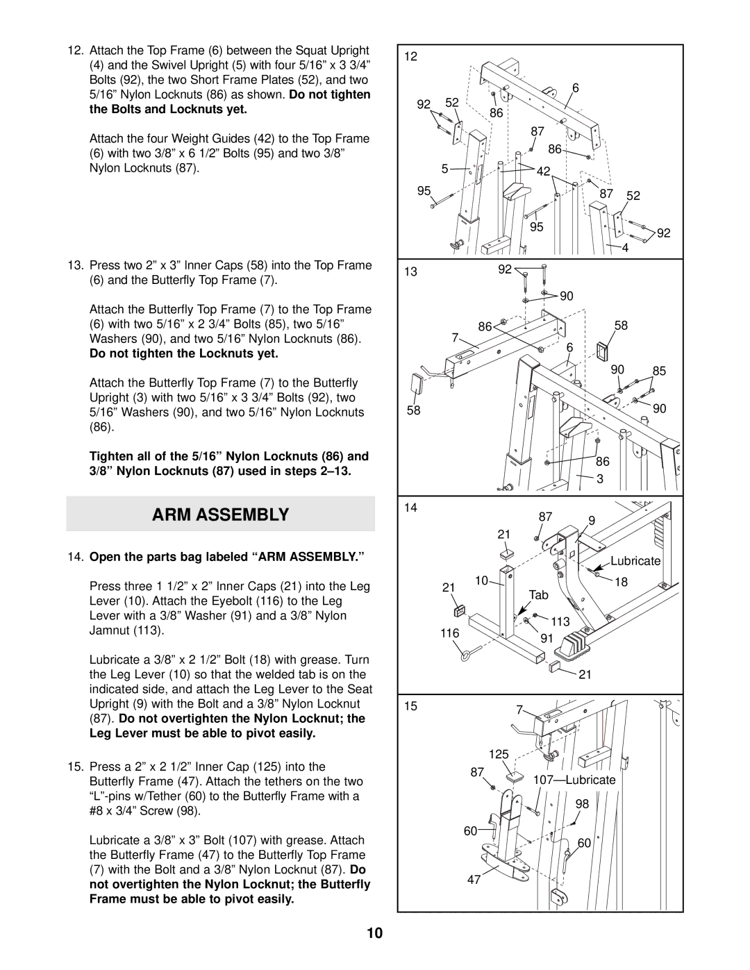 Weider 831.153933 user manual Do not tighten the Locknuts yet, Open the parts bag labeled ARM Assembly 