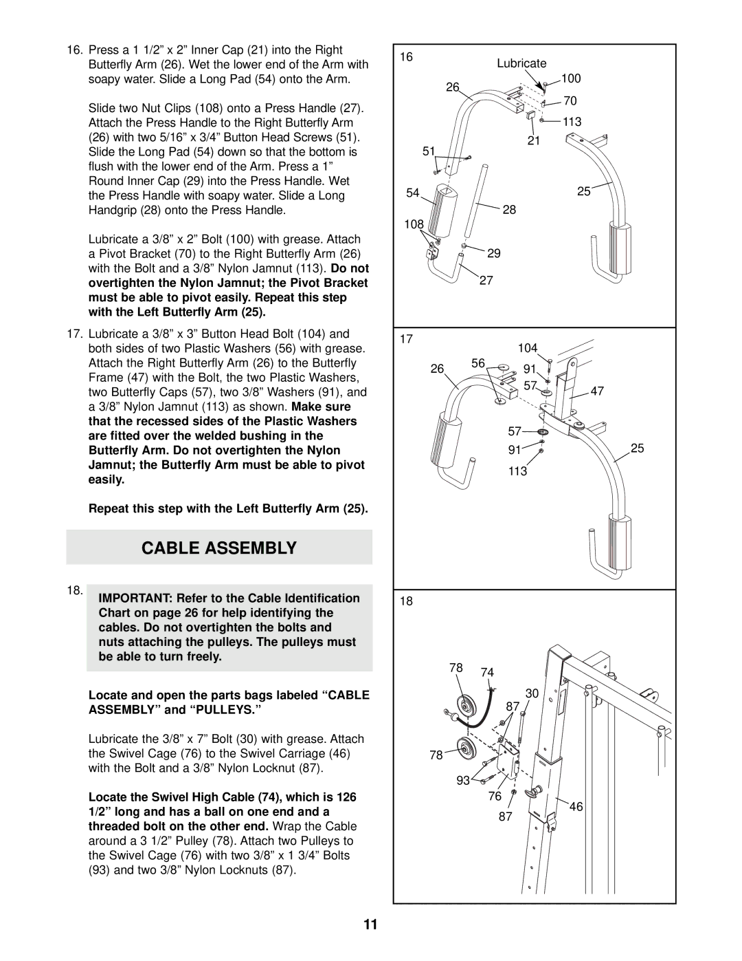 Weider 831.153933 user manual Cable Assembly, Repeat this step with the Left Butterfly Arm 