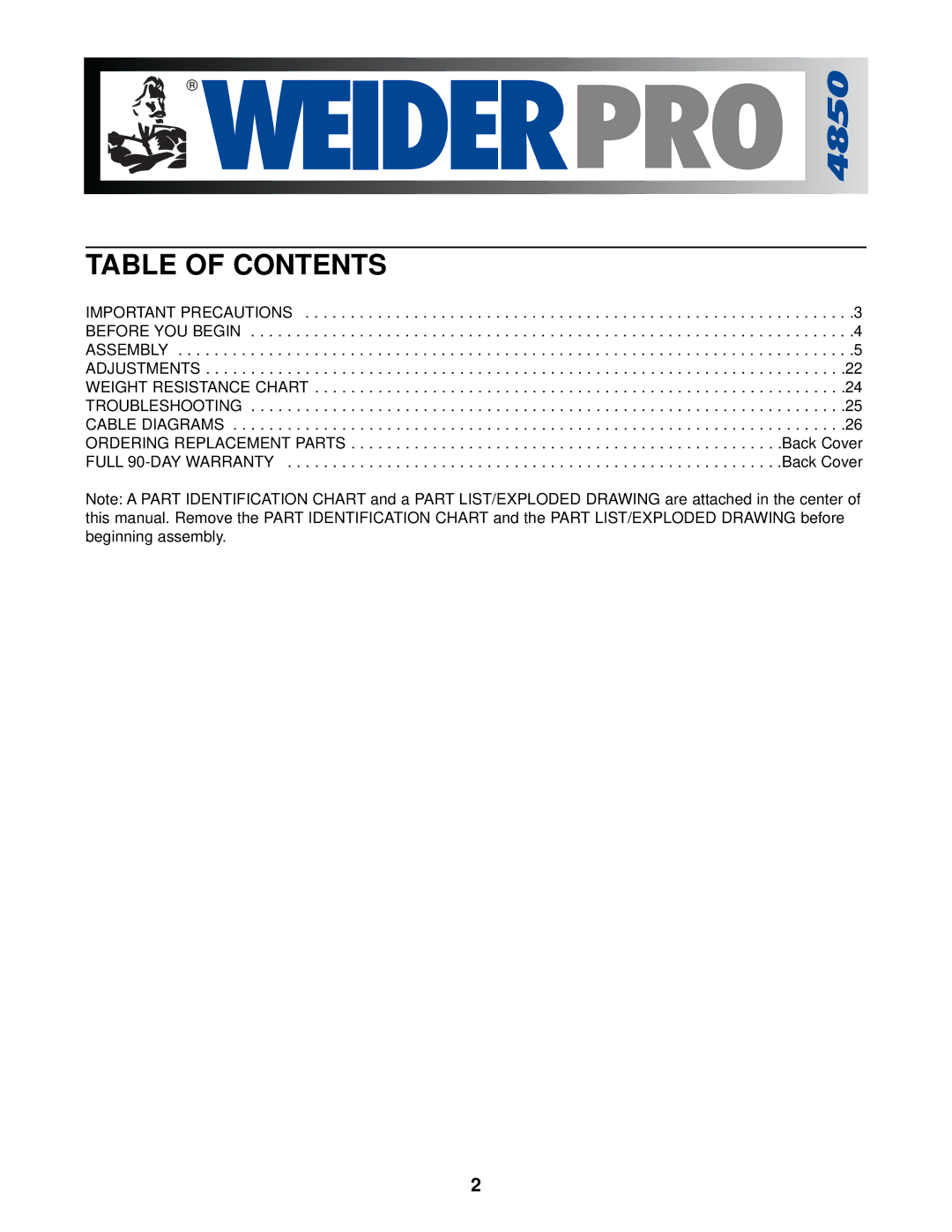 Weider 831.153933 user manual Table of Contents 