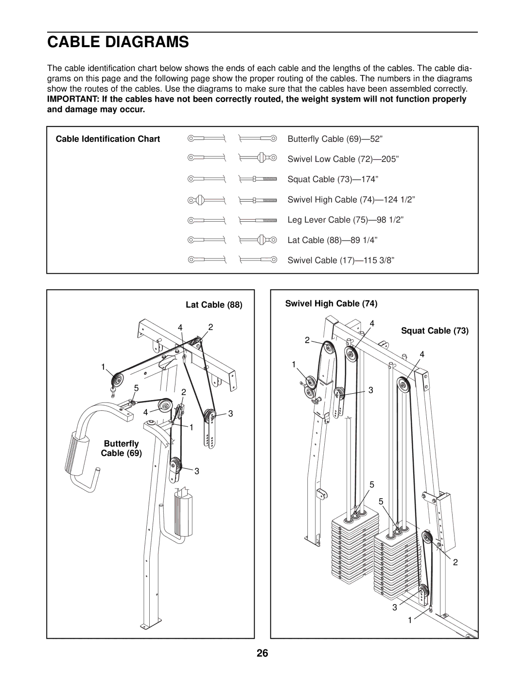 Weider 831.153933 user manual Cable Diagrams, Lat Cable, Butterfly Cable Swivel High Cable Squat Cable 