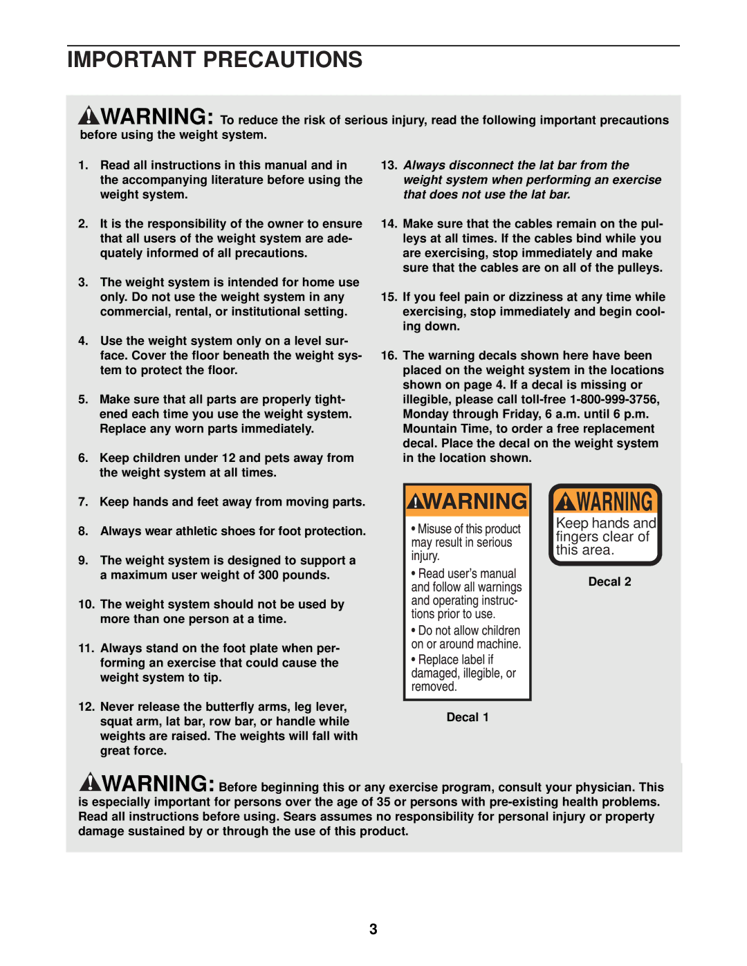 Weider 831.153933 user manual Important Precautions, Decal 