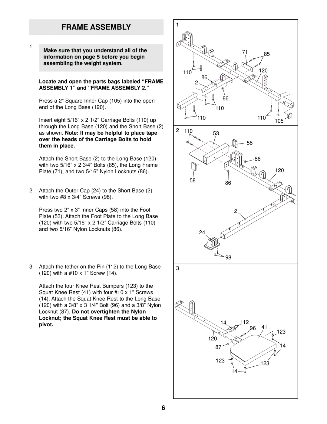 Weider 831.153933 user manual Frame Assembly, Locknut the Squat Knee Rest must be able to pivot 