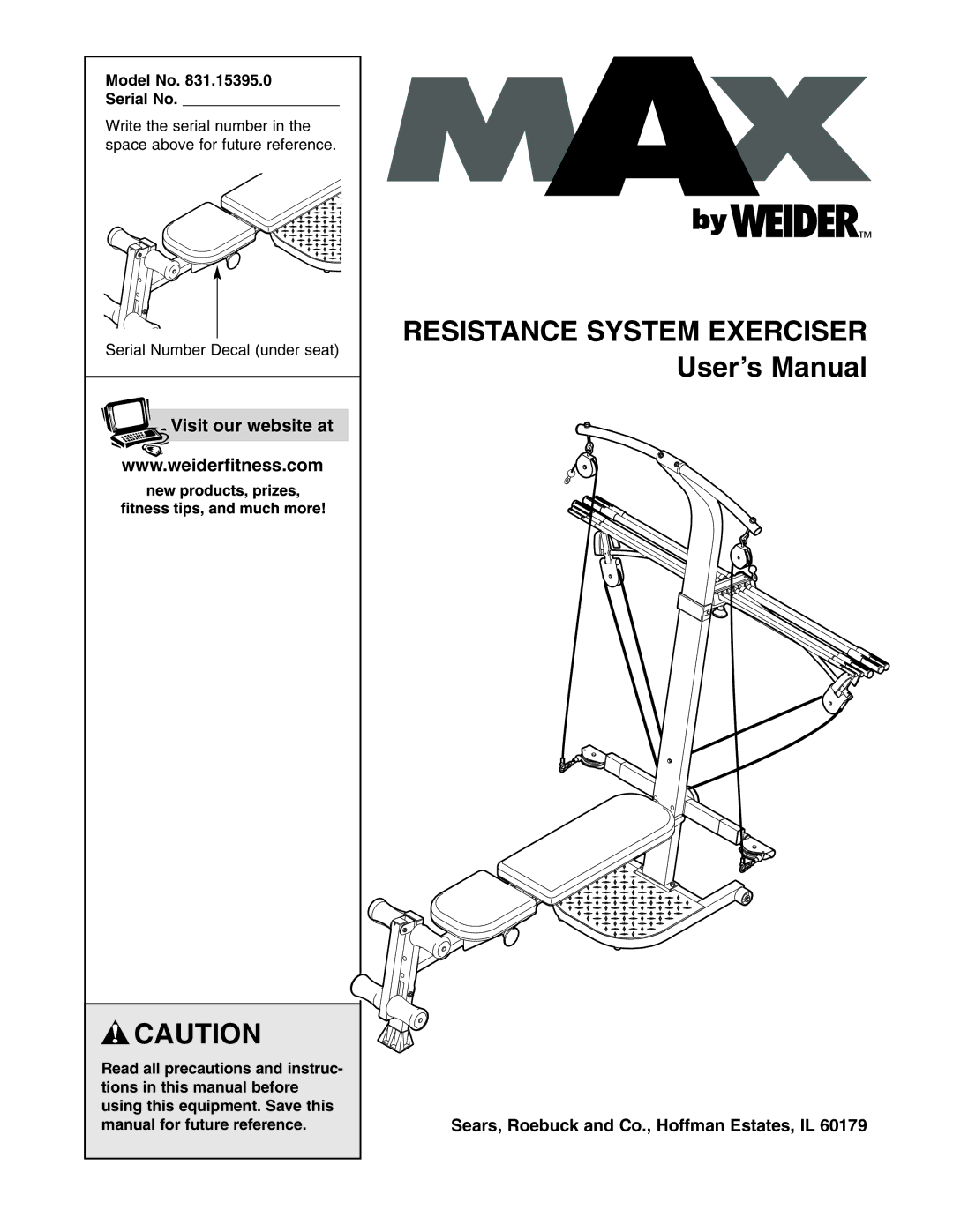 Weider 831.15395.0 user manual Visit our website at, Model No Serial No 